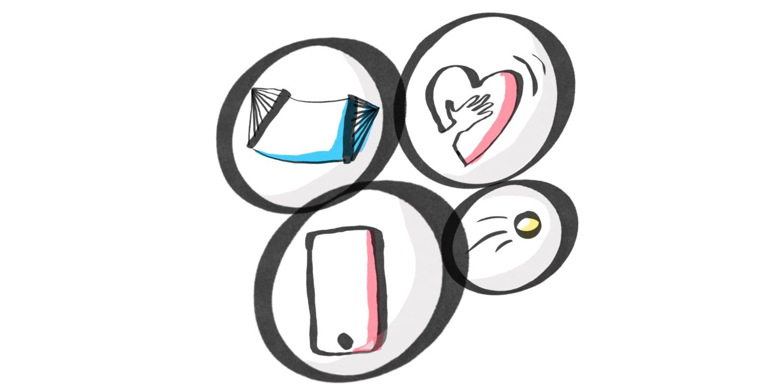 Zeichnung: Vier schwarze Ringe unterschiedlicher Größe (zwei nebeneinander und darunter noch einmal zwei) überlappen sich leicht. Darin ist jeweils ein Symbol: Hängematte, Herz, Smartphone, Auge.