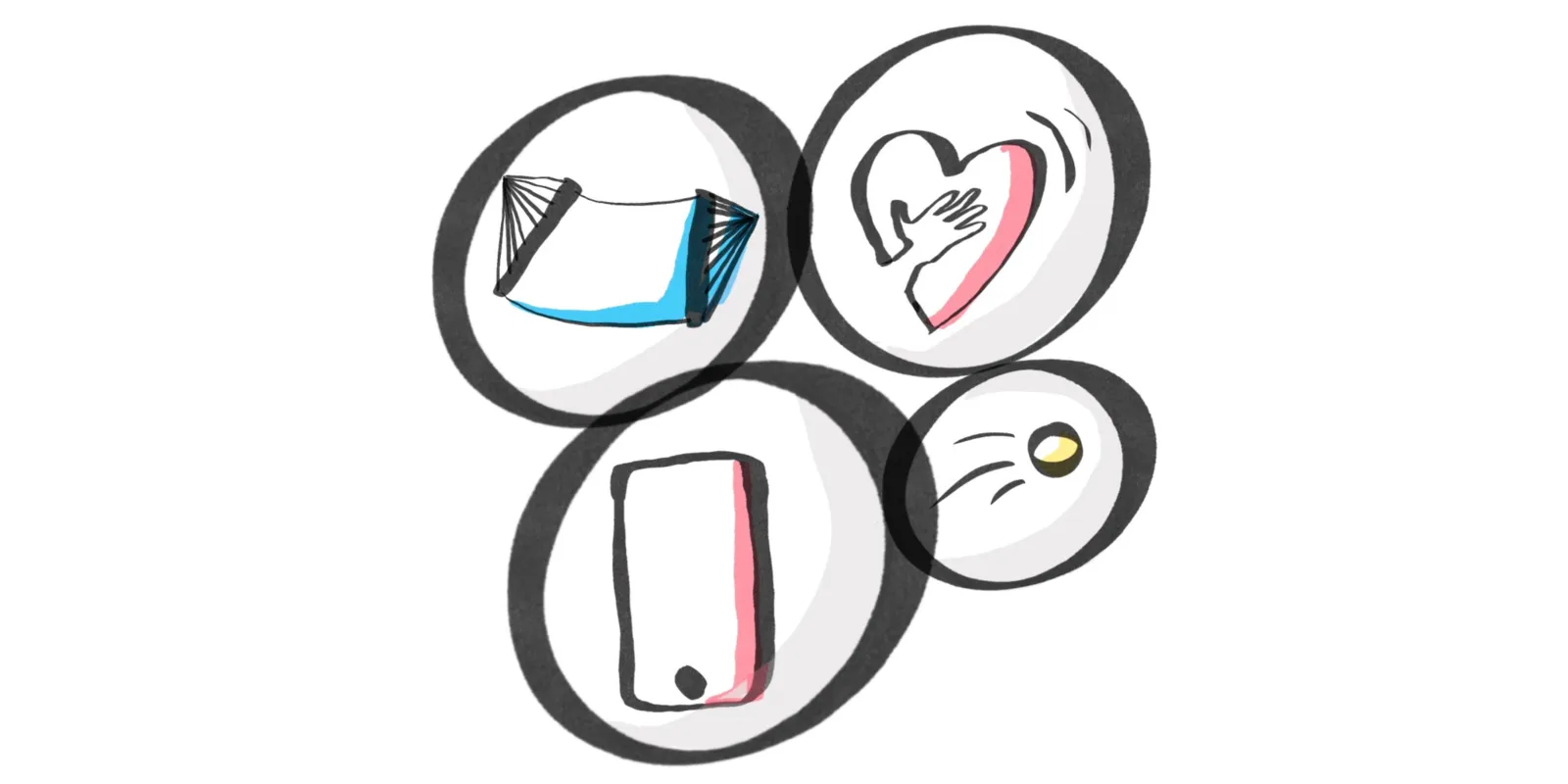 Zeichnung: Vier schwarze Ringe unterschiedlicher Gr&ouml;&szlig;e (zwei nebeneinander und darunter noch einmal zwei) &uuml;berlappen sich leicht. Darin ist jeweils ein Symbol: H&auml;ngematte, Herz, Smartphone, Auge.