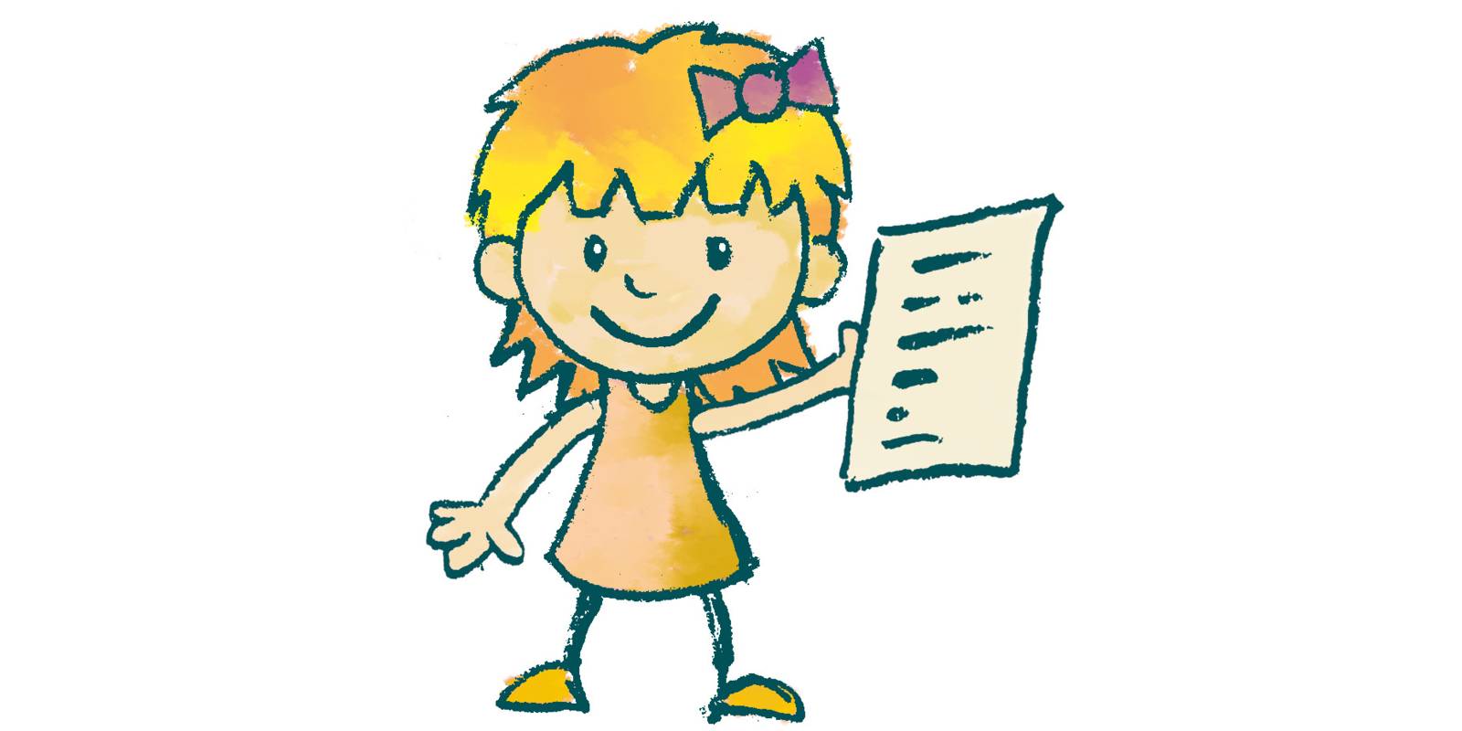 Zeichnung: ein Kind hält einen beschriebenen Zettel am ausgestreckten Arm