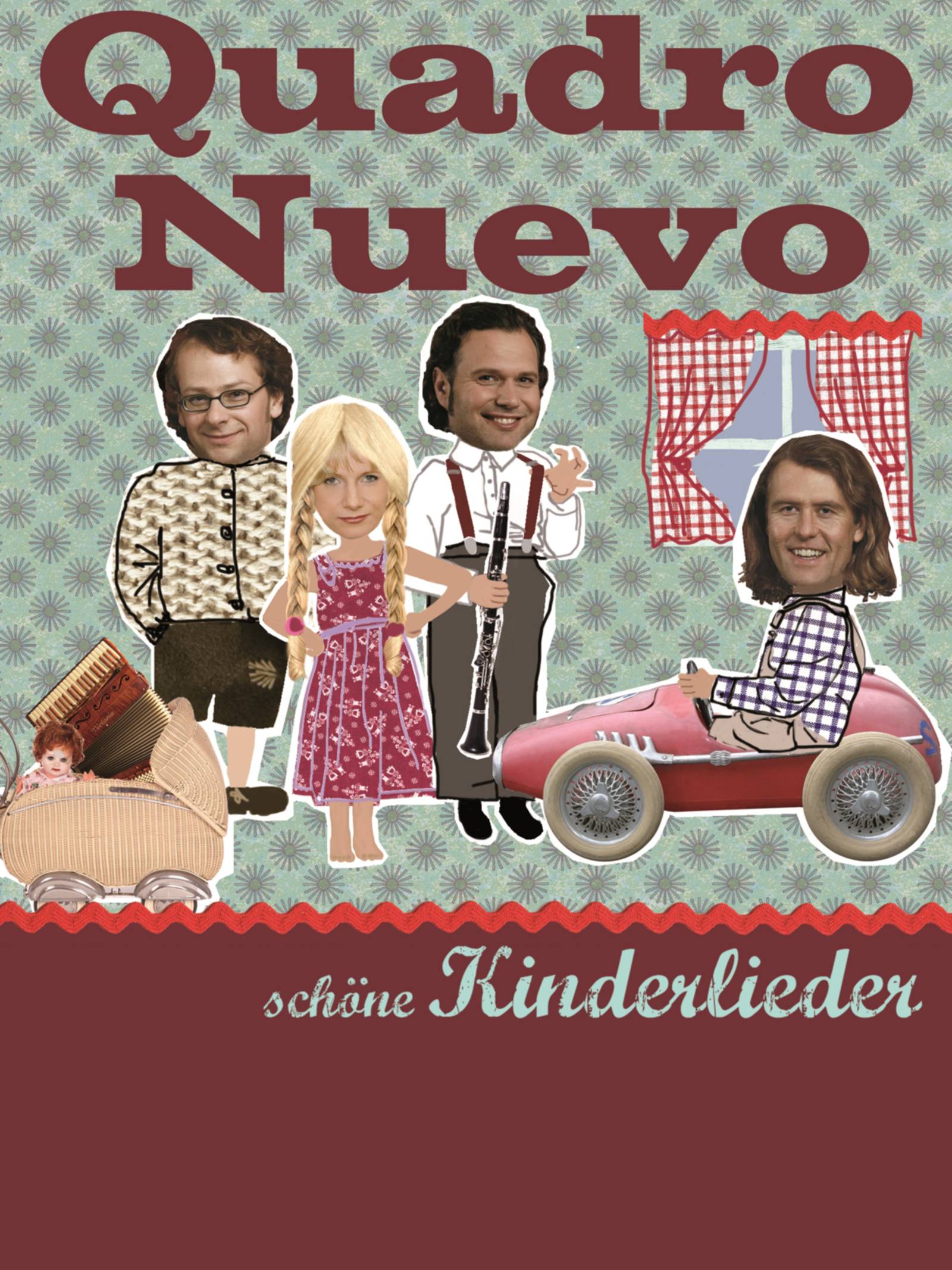 Collage aus Fotos, Text und Zeichnungen: Zwei Männer nehmen eine Frau in ihre Mitte, ein dritter Mann sitzt in einem Spielzeugauto. Text: "Quadro Nuevo" "schöne Kinderlieder".