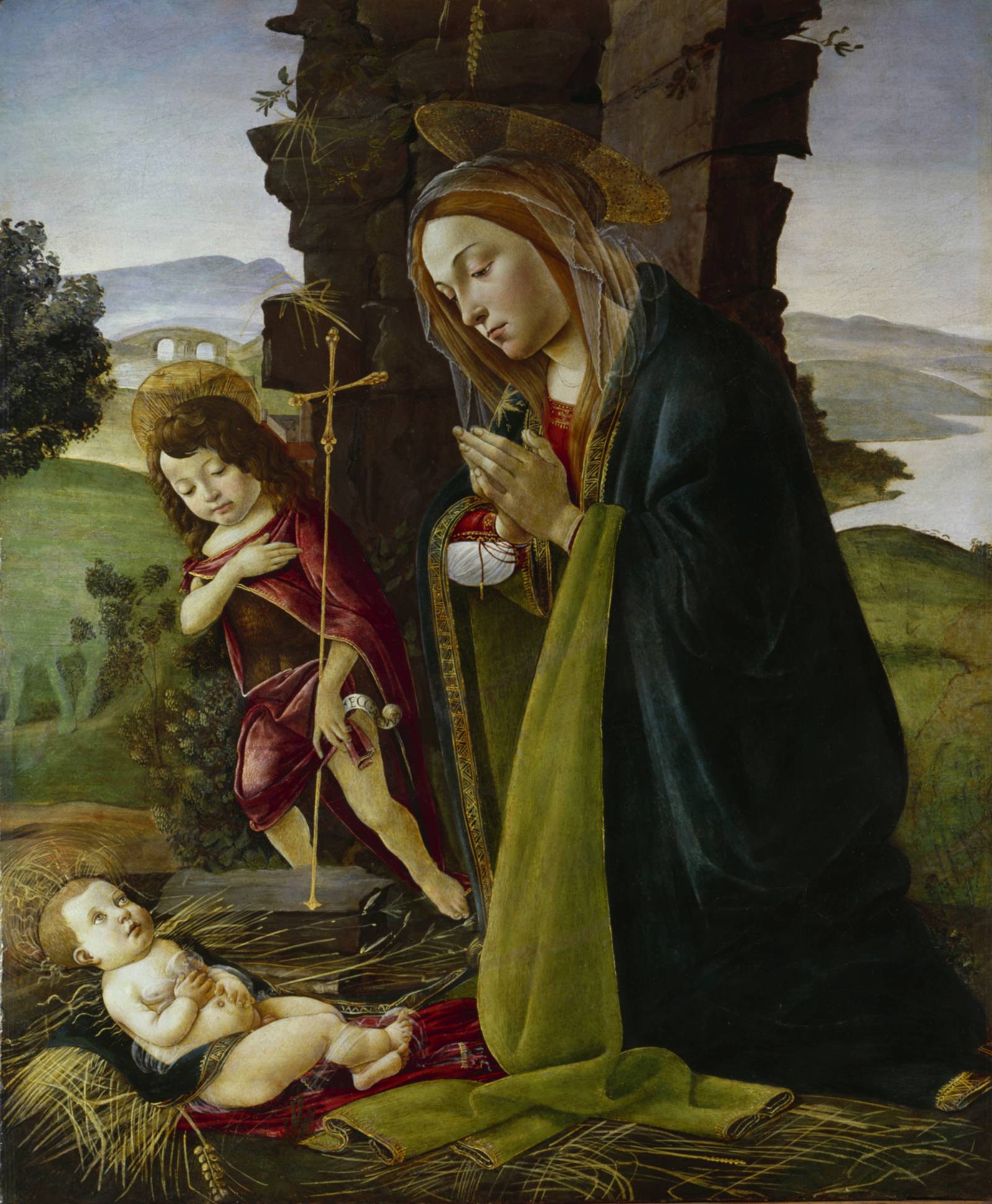 Zu sehen ist ein Renaissance-Gemälde der biblischen Szene "Anbetung des Kindes mit Johannesknaben" Sandro Botticelli.