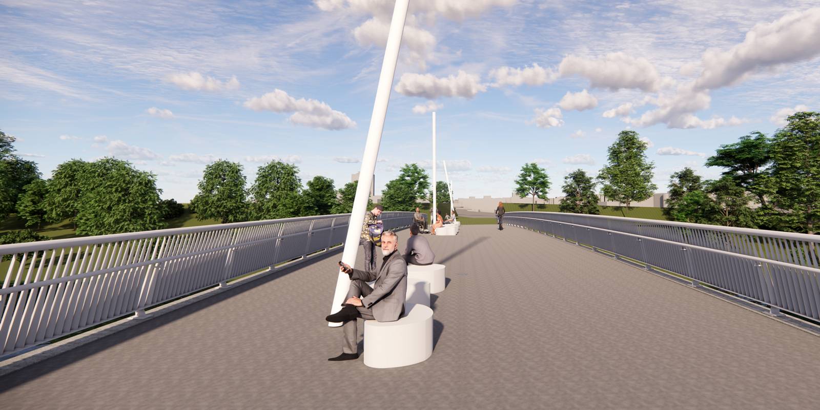 Auf einer breuten Br&uuml;cke mit Fu&szlig;weg sind in der Mitte zwei wei&szlig;e Sitzelemente, darauf sitzt ein Mann im Anzug.