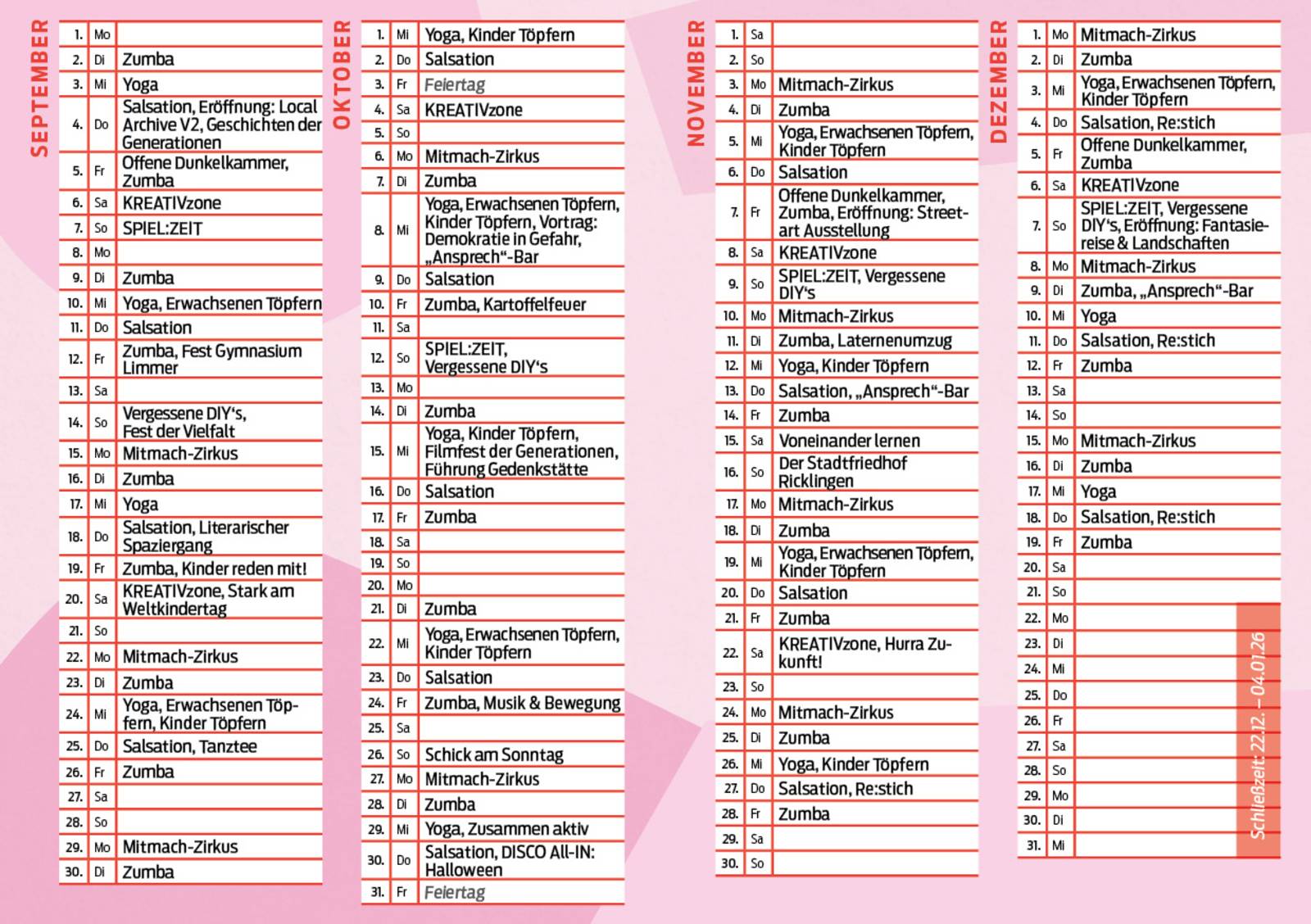Kalender September bis Dezember 2025