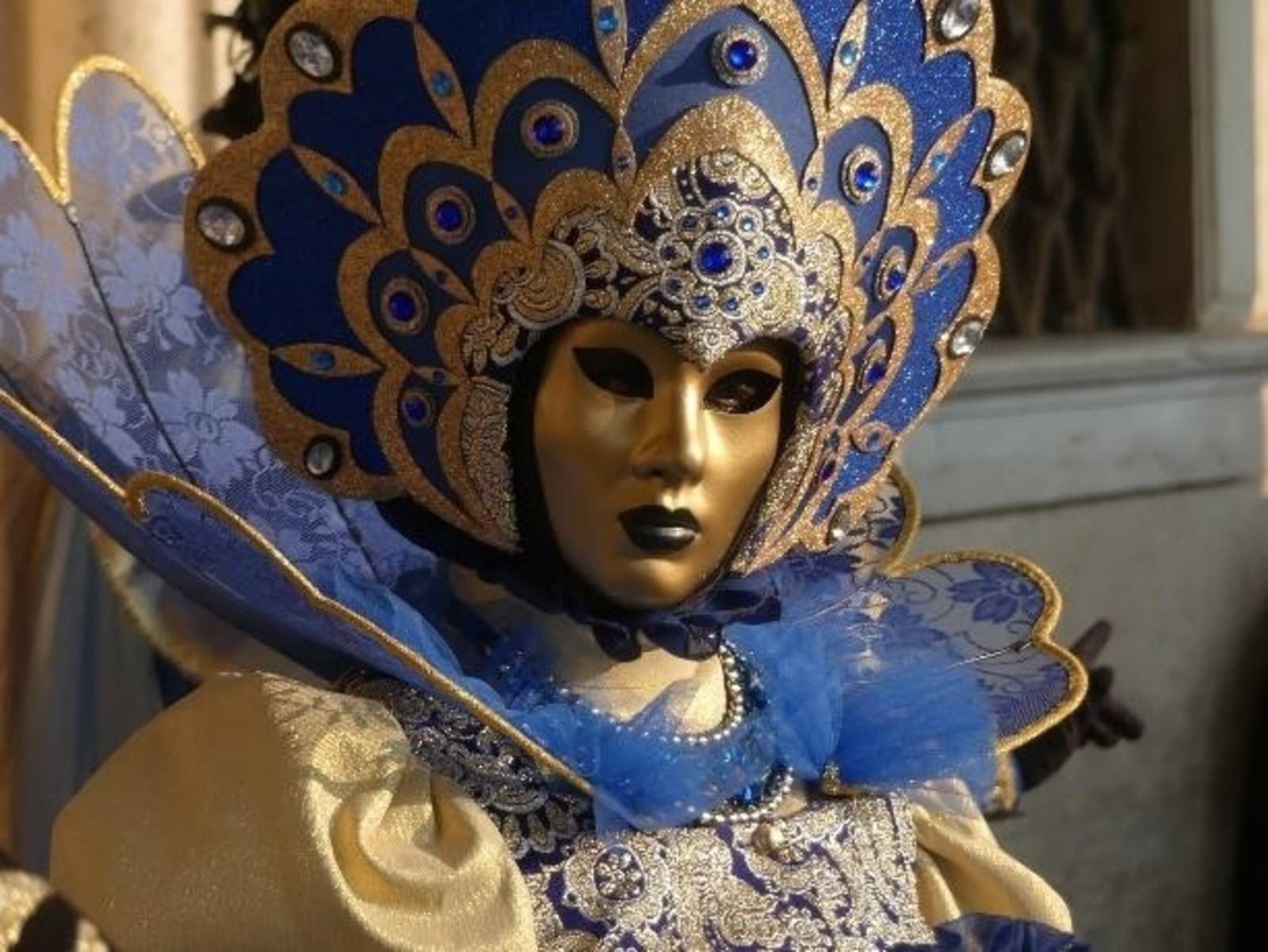 Zu sehen ist eine Fotografie von Wolfgang Niess: Eine zum Karneval in Venedig verkleidete Person in gold-blauer Montur.
