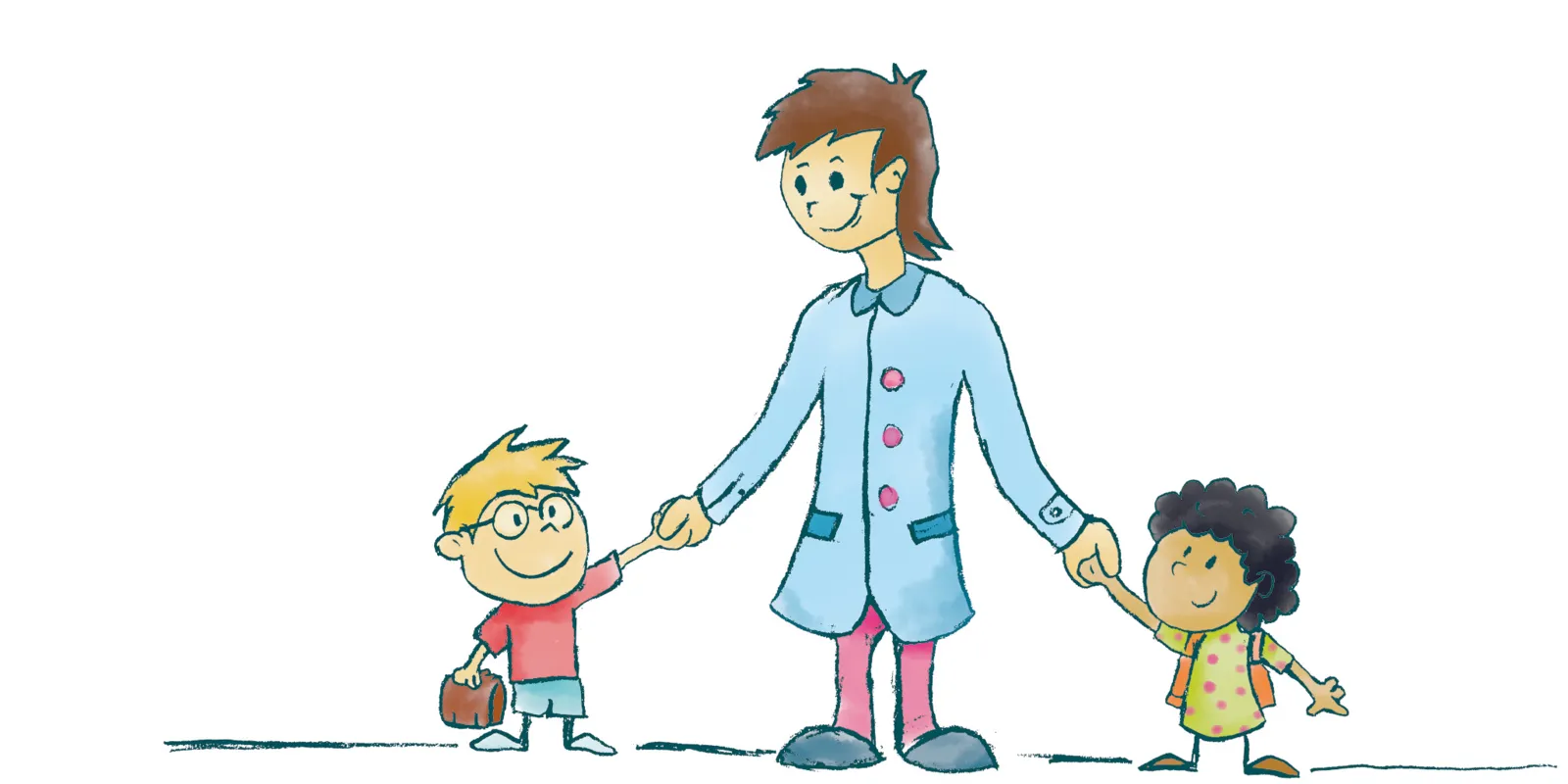 Zeichnung: Eine erwachsene Person hat links und rechts jeweils ein Kind an der Hand. Ein Kind hat einen Schulranzen auf dem R&uuml;cken, das andere Kind hat eine T&uuml;te in der Hand.