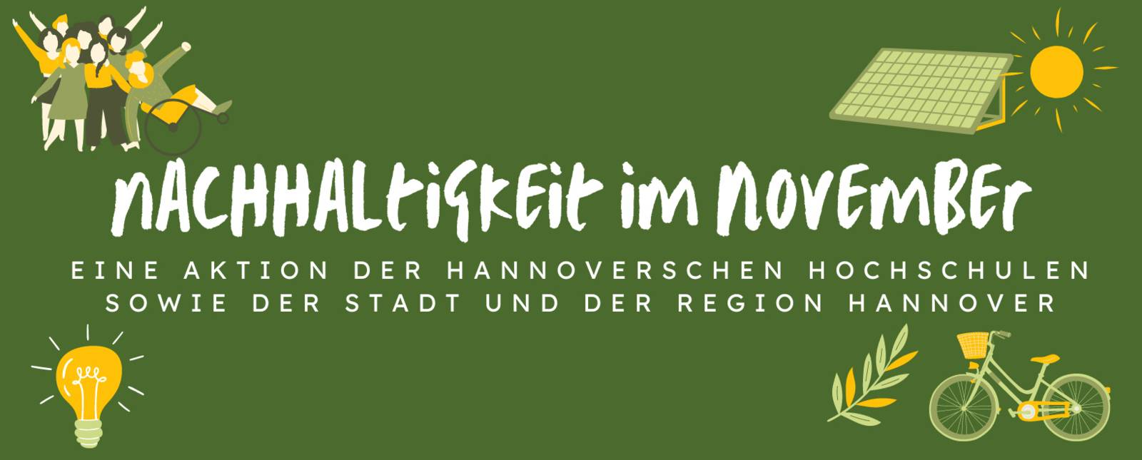 Logo mit Text und Zeichnungen von Fahrrädern, Solarpanels und Glühbirnen sowie einer Menschengruppe