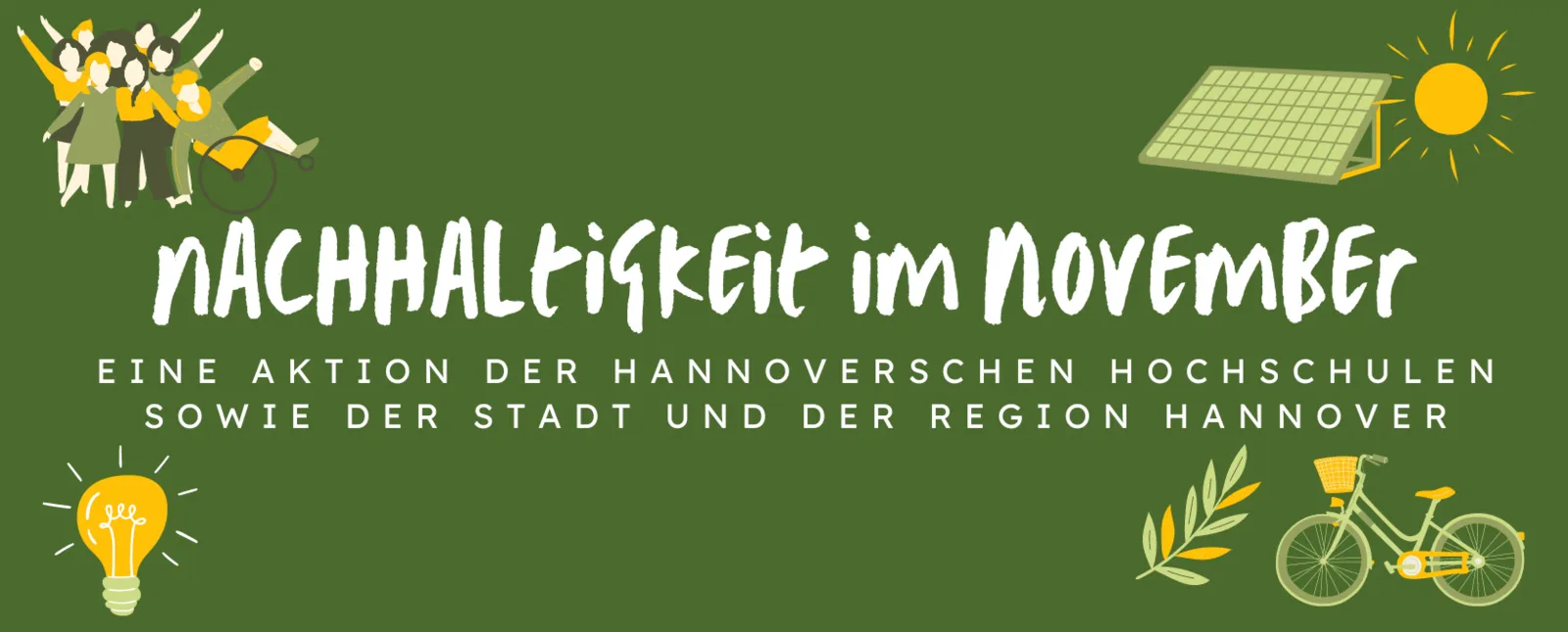 Logo mit Text und Zeichnungen von Fahrr&auml;dern, Solarpanels und Gl&uuml;hbirnen sowie einer Menschengruppe