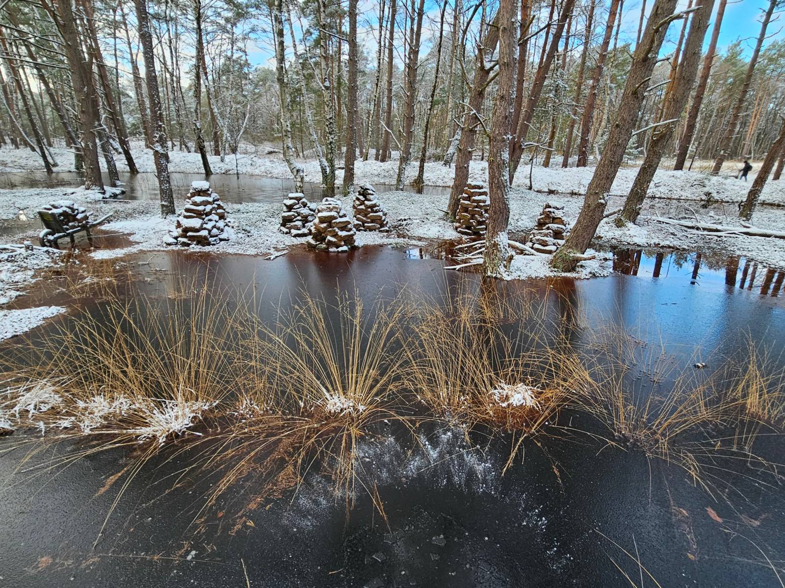 Winterliche Moorlandschaft mit etwas Schnee und viel Wasser
