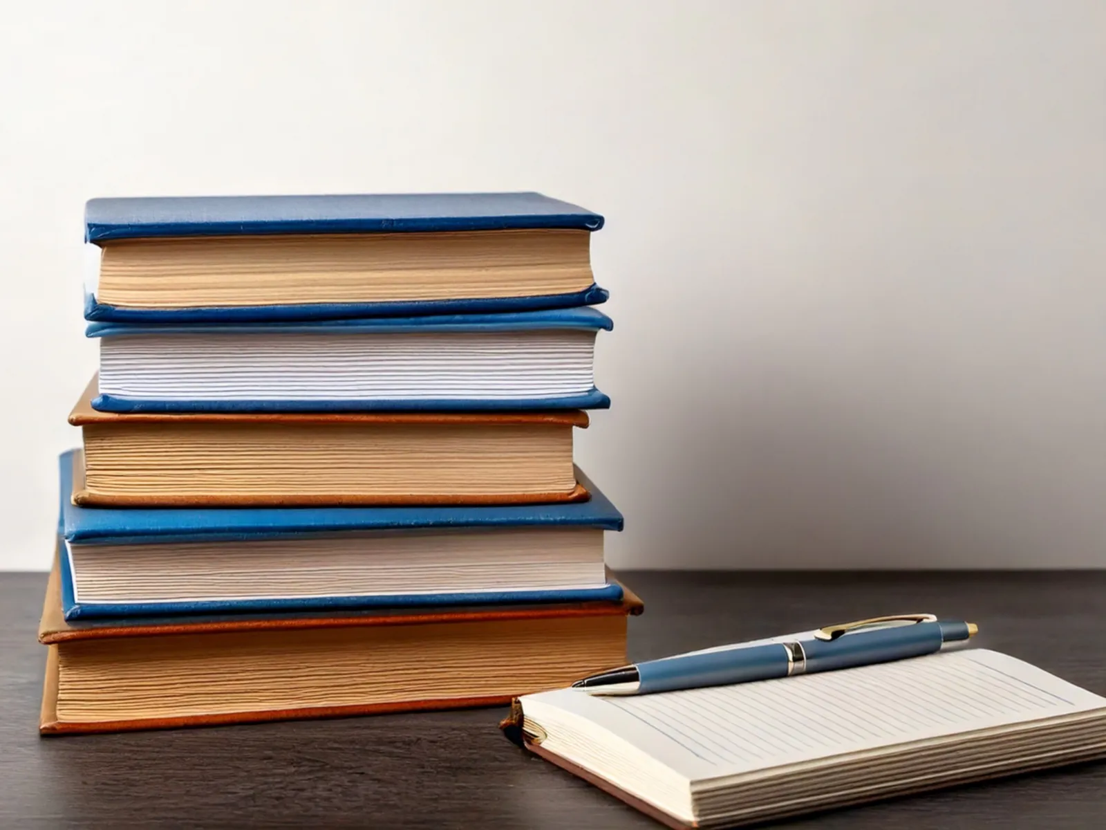 Ein Stapel Bücher und ein Notizblock mit Stift.
