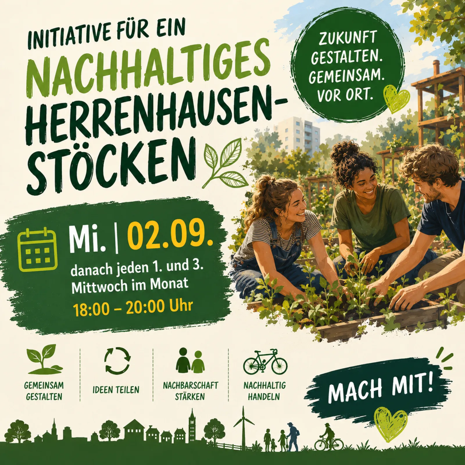 Auf dem Bild ist der Titel, Datum und Ort zu sehen sowie drei Menschen, die gärtnern.