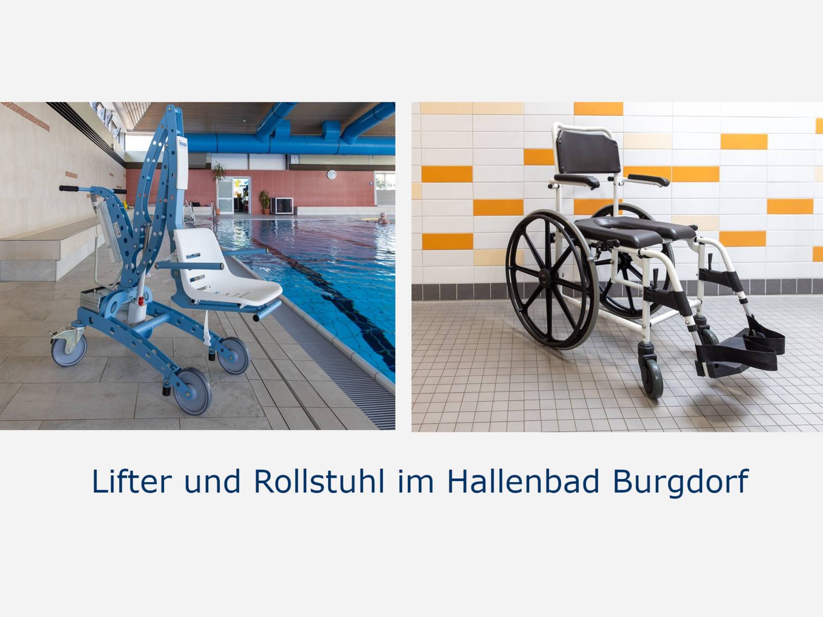 Lifter und Rollstuhl für mobilitätseingeschränkte Personen in einem Hallenbad