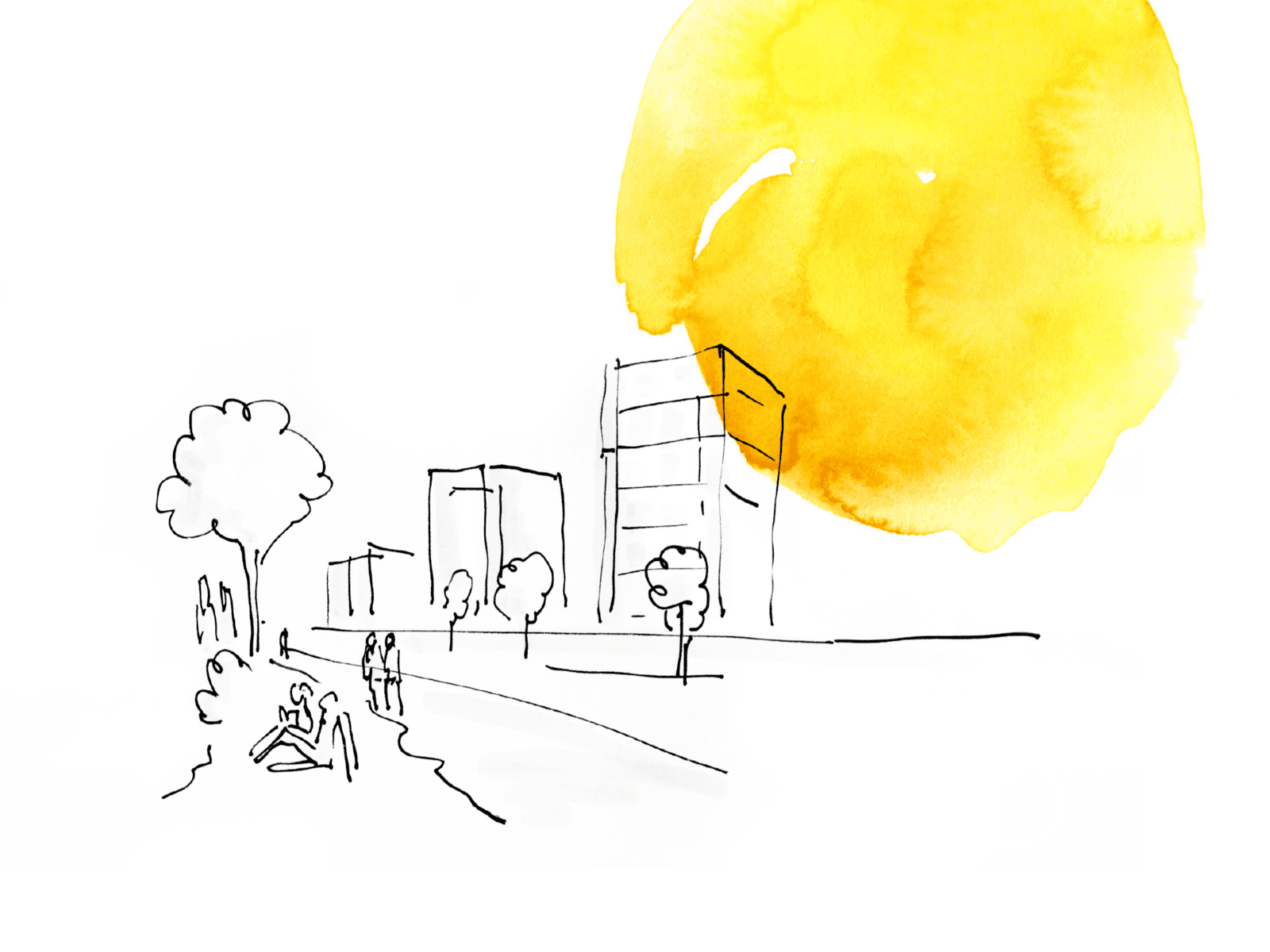 Eine überwiegend weiße Zeichnung, die Menschen im Freien zeigt. Am Rand ein gelber Tuscheklecks.