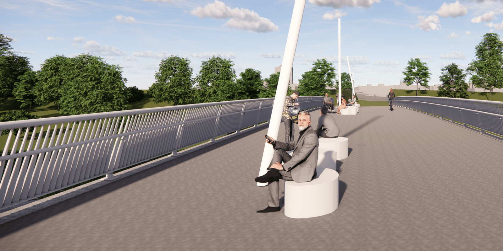 Auf einer breuten Br&uuml;cke mit Fu&szlig;weg sind in der Mitte zwei wei&szlig;e Sitzelemente, darauf sitzt ein Mann im Anzug.