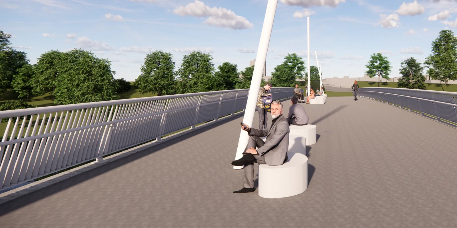 Auf einer breuten Br&uuml;cke mit Fu&szlig;weg sind in der Mitte zwei wei&szlig;e Sitzelemente, darauf sitzt ein Mann im Anzug.