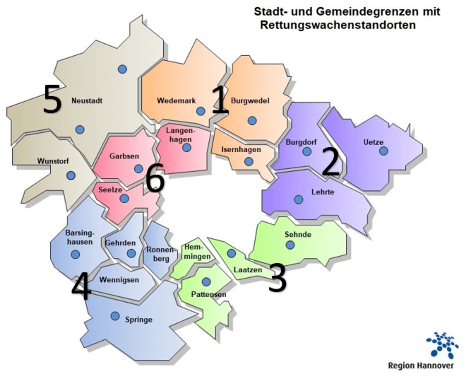 Karte der Region Hannover mit farbigen Unterteilungen