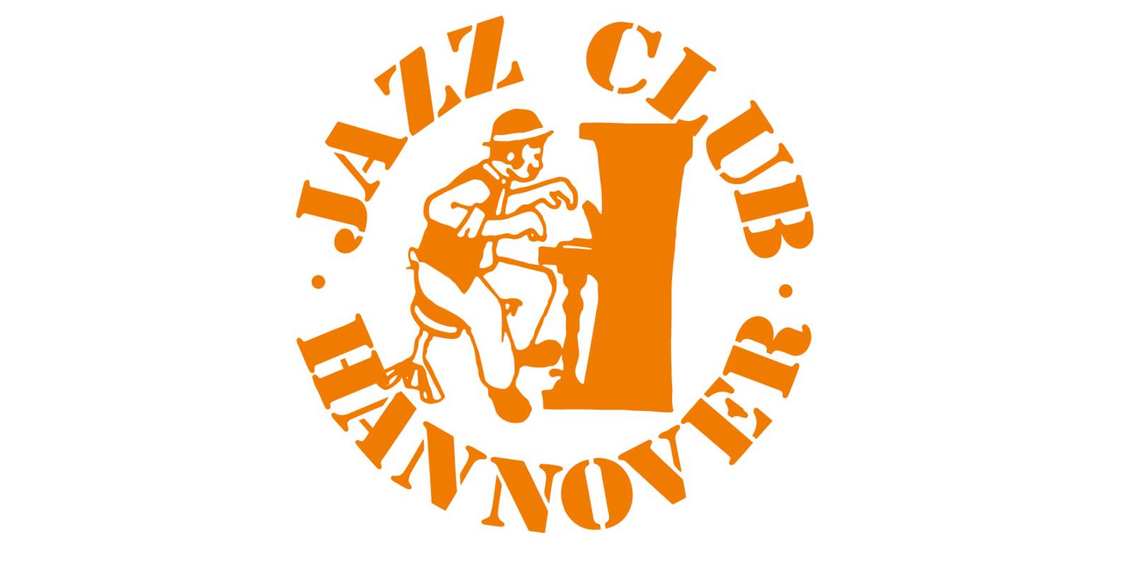 Logo Jazz Club Hannover: In der Mitte ist eine Zeichnung, sie zeigt einen Klavierspieler. Kreisrund sind drumherum die Buchstaben: "Jazz Club Hannover"