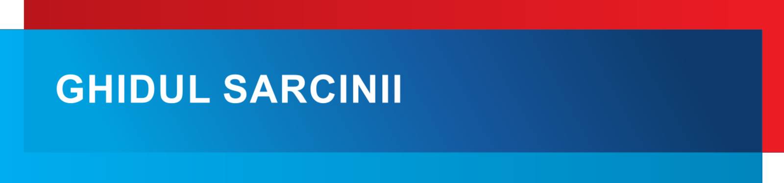 Grafisches Modul in den Farben Blau und Rot, dazu der Text: "GHIDUL SARCINII".