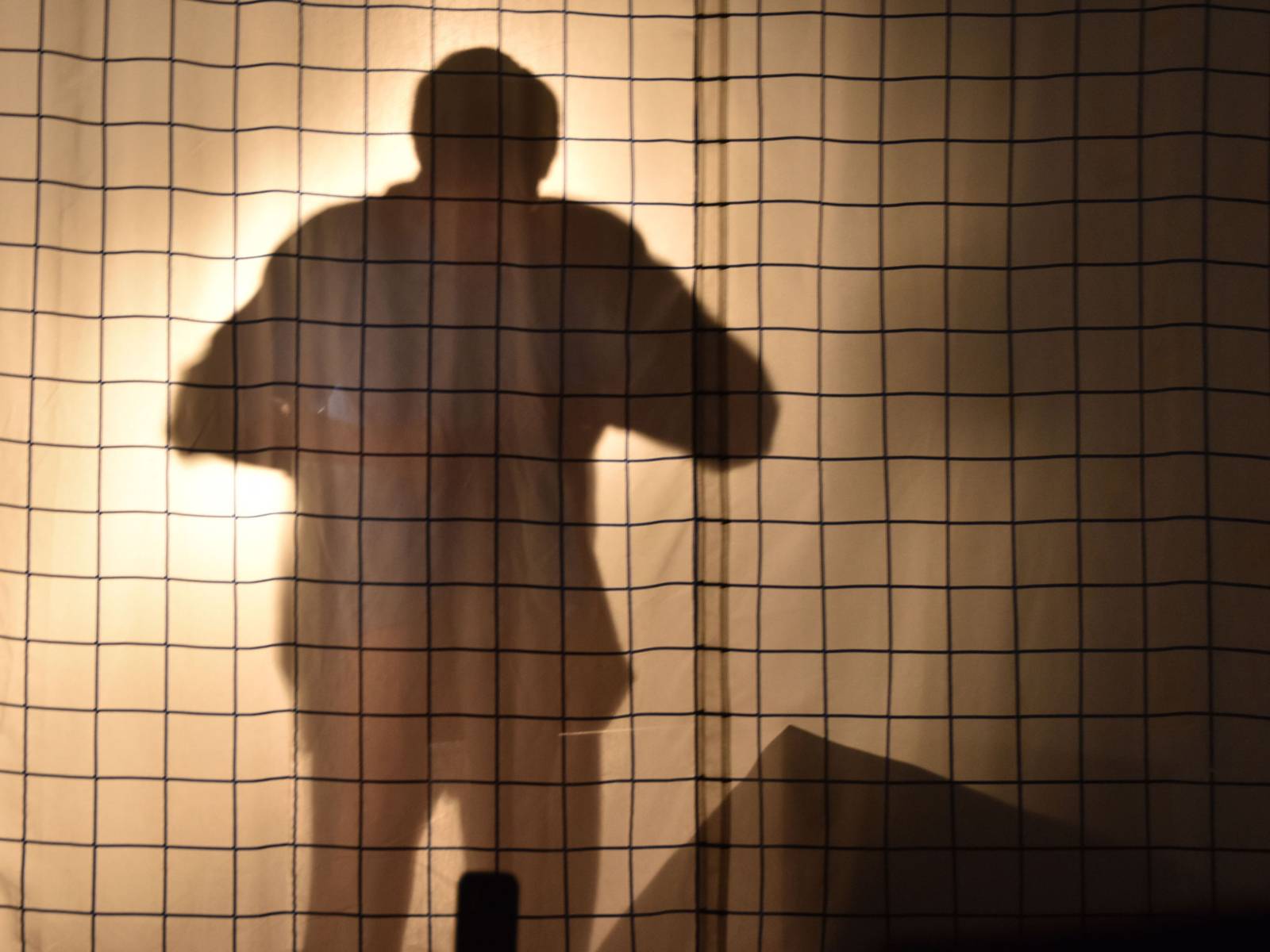 Schatten eines Mannes auf einem Bühnenvorhang