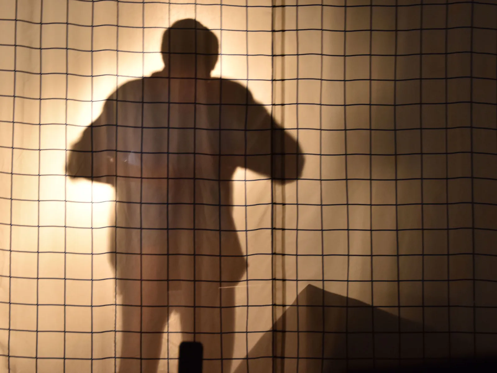 Schatten eines Mannes auf einem Bühnenvorhang