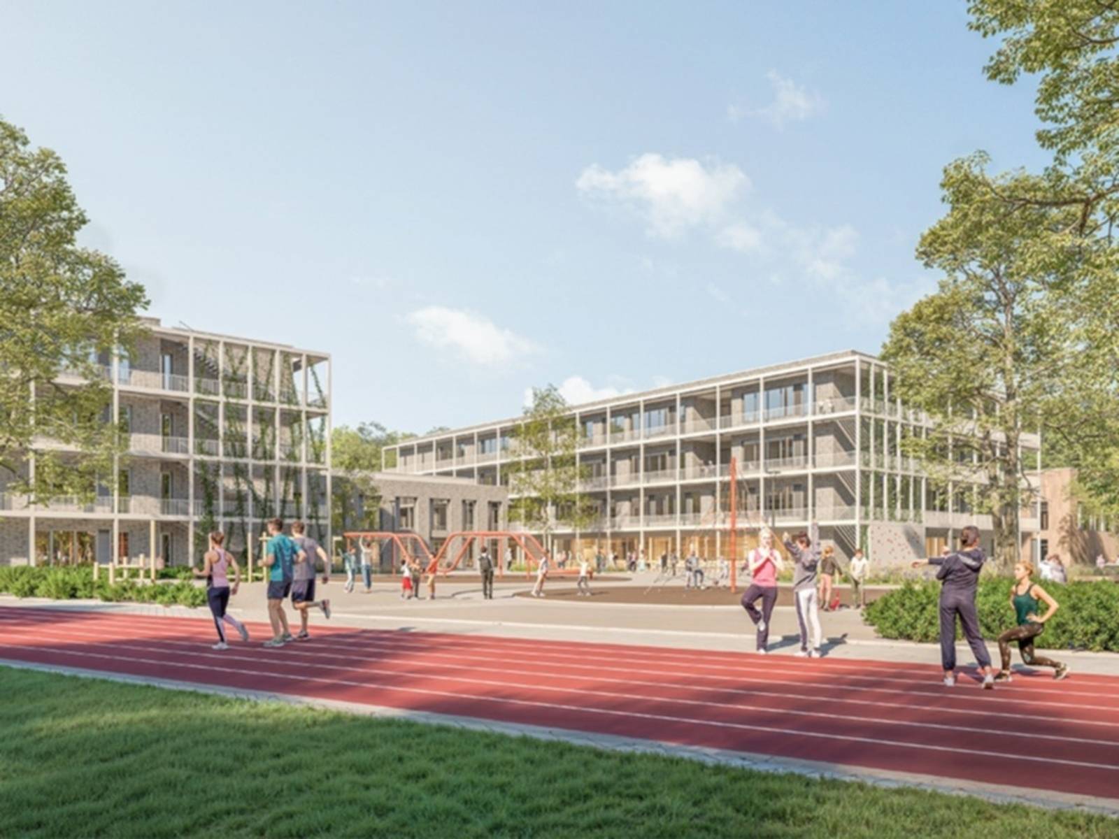 Eine rote Laufbahn mit mehreren Spuren, darauf laufen Sch&uuml;ler*innen, dahinter ein Platz und ein moderner Geb&auml;udekomplex, hell und mit vielen Fenstern.