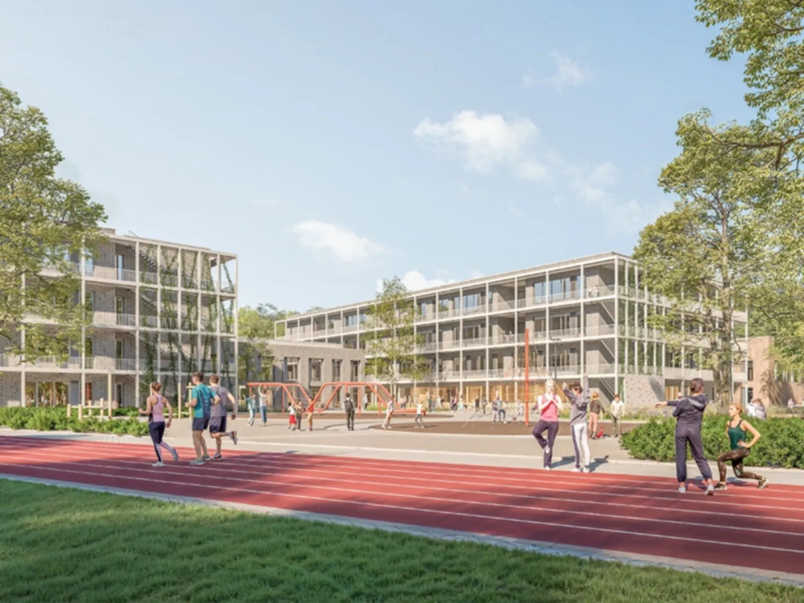 Eine rote Laufbahn mit mehreren Spuren, darauf laufen Sch&uuml;ler*innen, dahinter ein Platz und ein moderner Geb&auml;udekomplex, hell und mit vielen Fenstern.