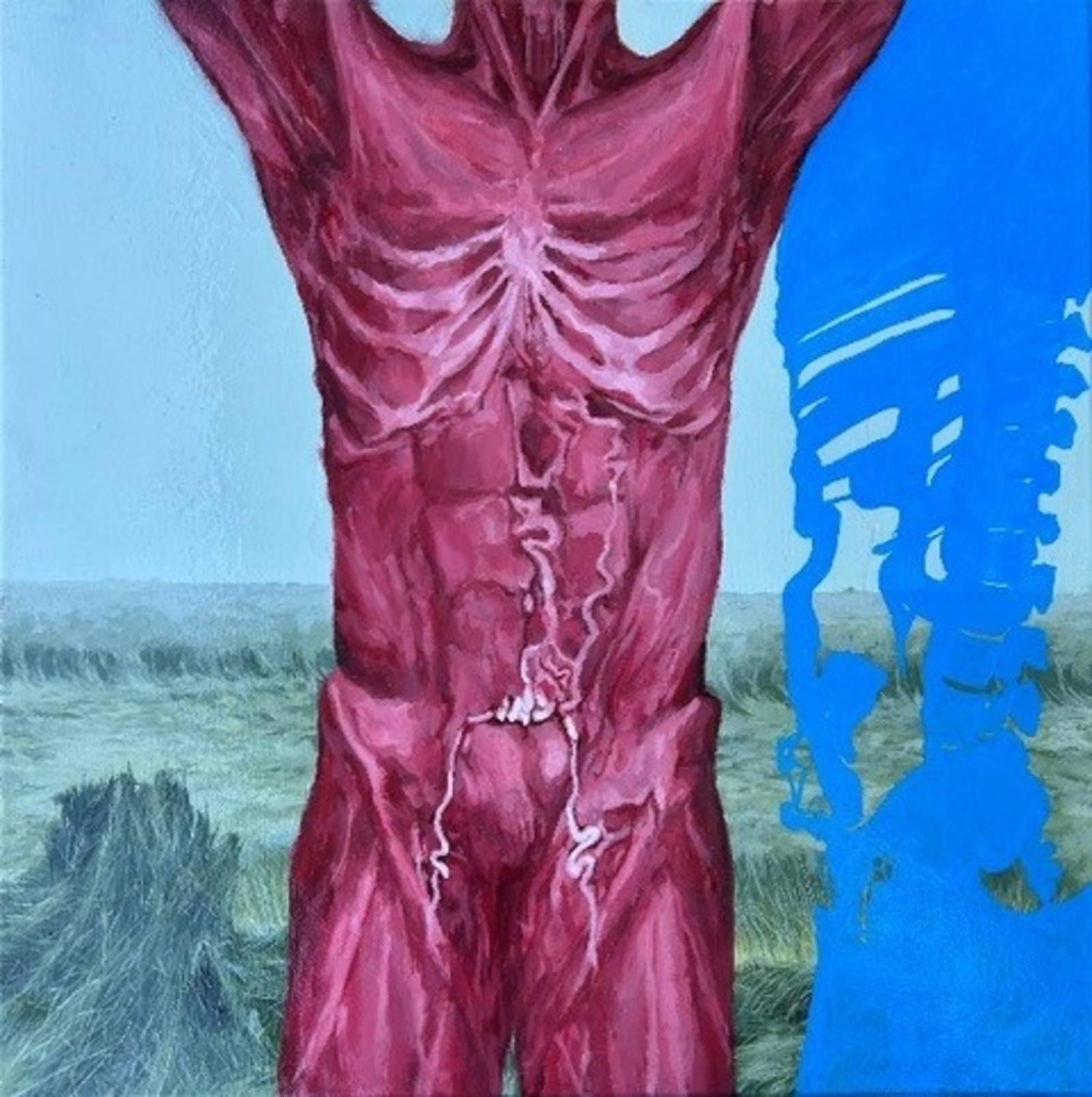 Zu sehen ist eine Malerei von Inu Eichhorn eines menschlichen K&ouml;rpers ohne die Haut. Ein blauer Schatten dessen ist rechts zu sehen, eine Landschaft erstreckt sich im Hintergrund.