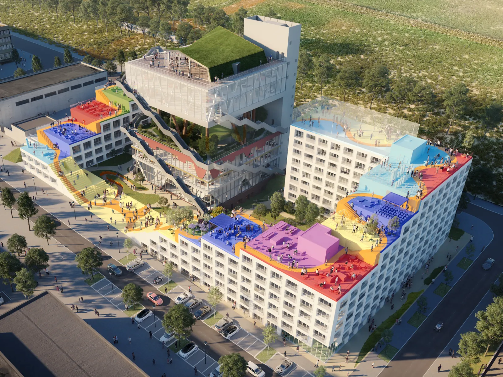 Grafik des umgebauten Holländischen Pavillons mit Gebäuden umbaut.