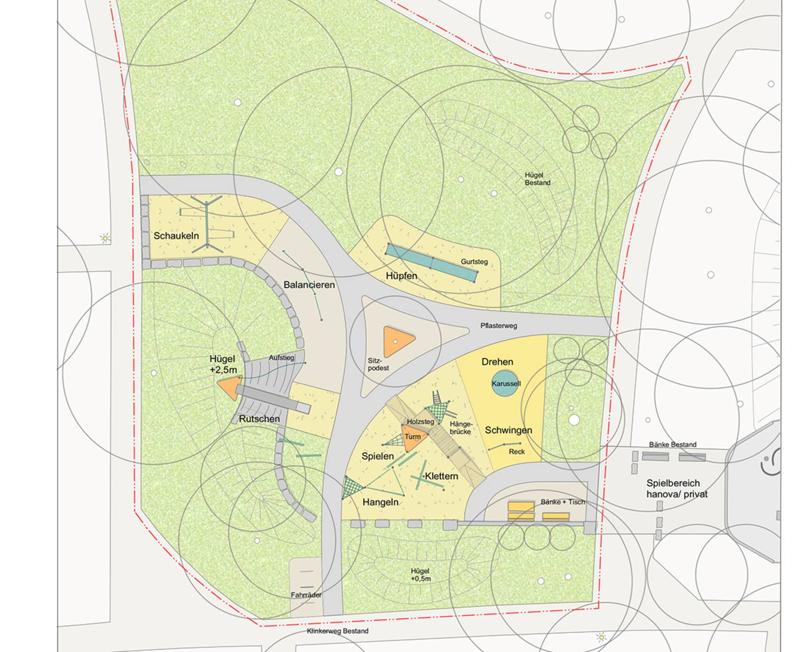Bauplan des neuen Spielplatzes. Auf ihm sind alle Spielgeräte, Bänke und Flächen eingezeichnet.