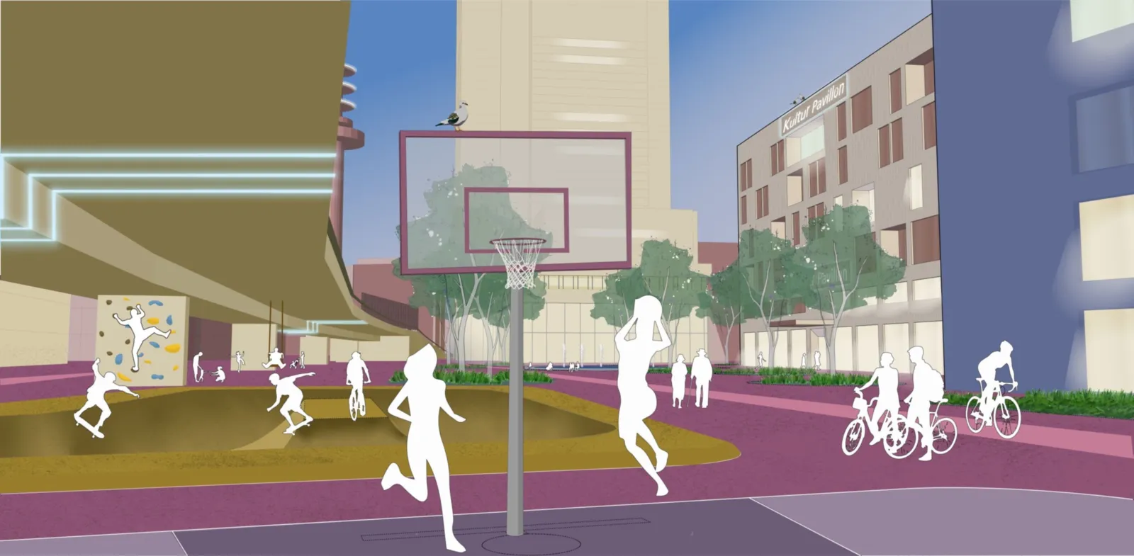 Visualisierte Szene: Wei&szlig;e Figuren spielen Basketball, fahren Rad oder skaten, zum Teil unter einer Hochstra&szlig;e links, hinten und rechts sind Geb&auml;ude gezeichnet.