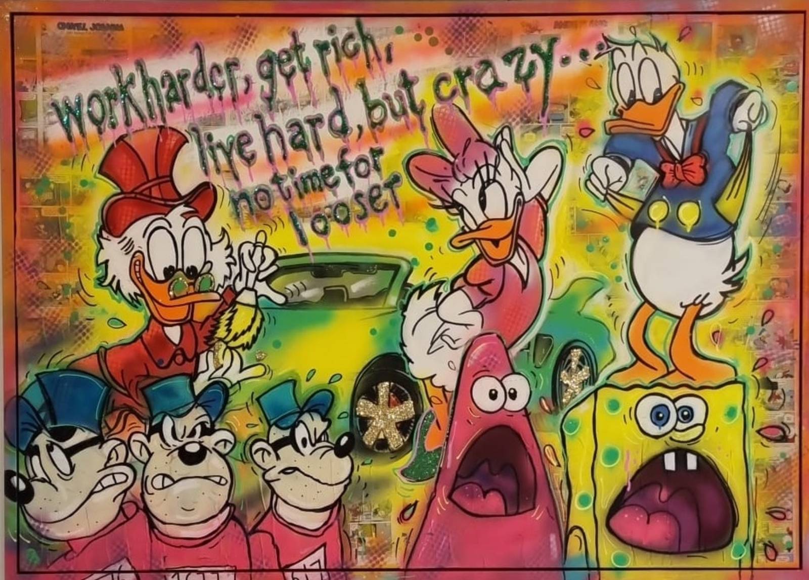 Ein Popart-Bild mit den Panzerknackern, Donald und Daisy Duck, Spongebob und anderen Figuren.
