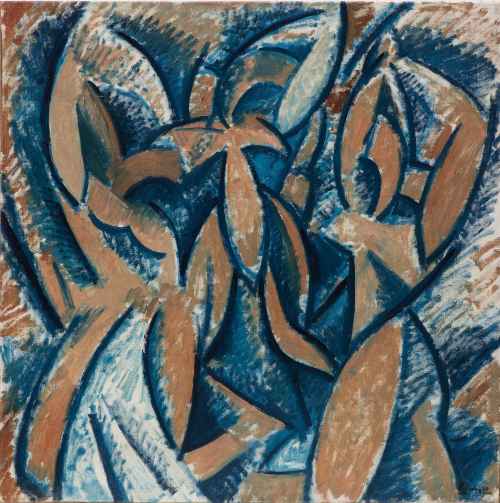 Zu sehen ist ein kubistisches Bild von Picasso. Vor einem Pertroleum farbenen Hintergrund sind Formen zu sehen, die drei Frauenkörper bilden.