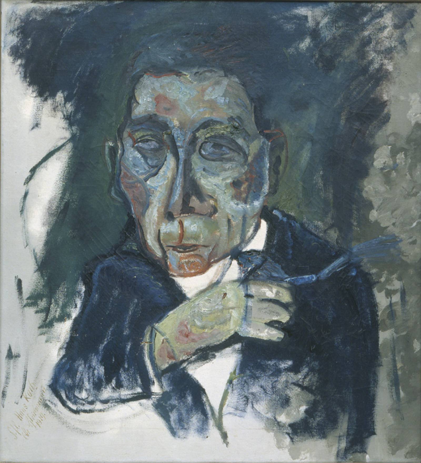 Zu sehen ist eine expressionistische Portrait-Malerei von Hans Koch, gemalt von Otto Gleichmann, das in den Farben Grau und Blau gehalten ist.