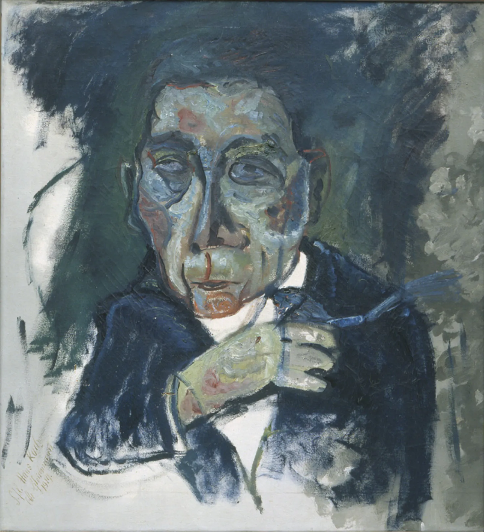 Zu sehen ist eine expressionistische Portrait-Malerei von Hans Koch, gemalt von Otto Gleichmann, das in den Farben Grau und Blau gehalten ist.