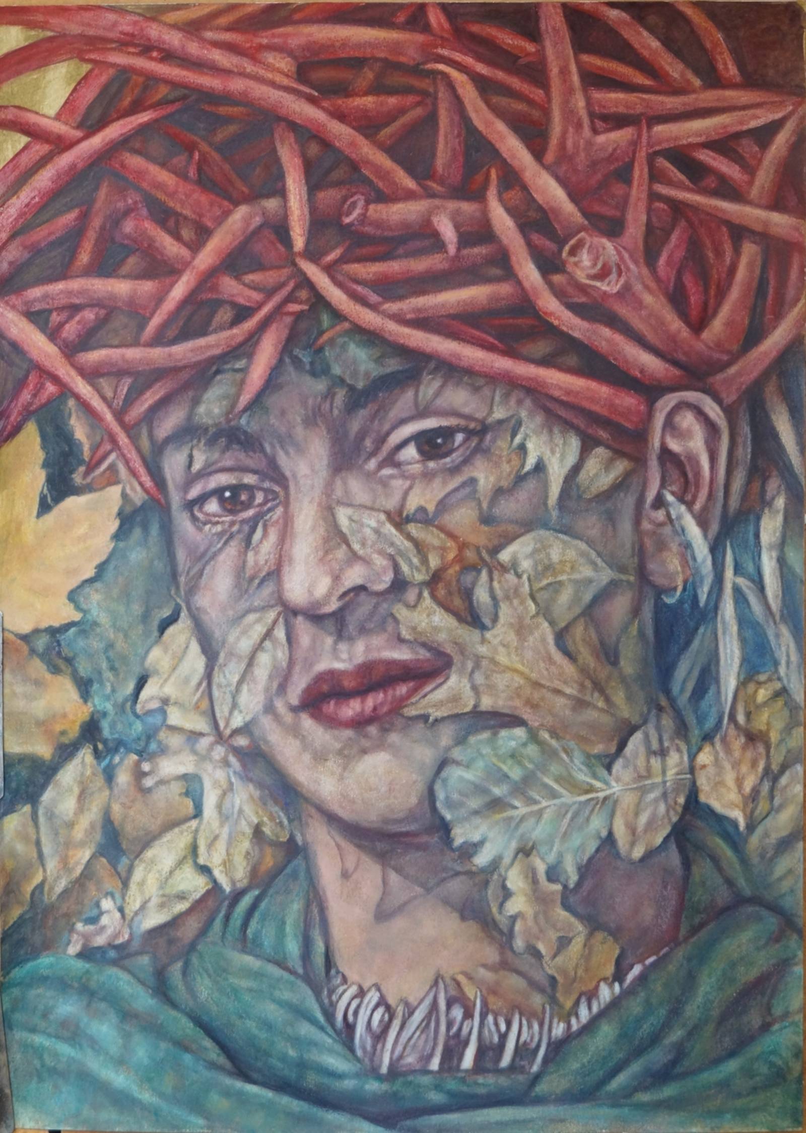 Zu sehen ist ein Gem&auml;lde von Eva Stockmann: Ein Portrait von Frida Kahlo, das von Bl&auml;ttern und Ranken und einer Krone aus Dornen umgeben ist.