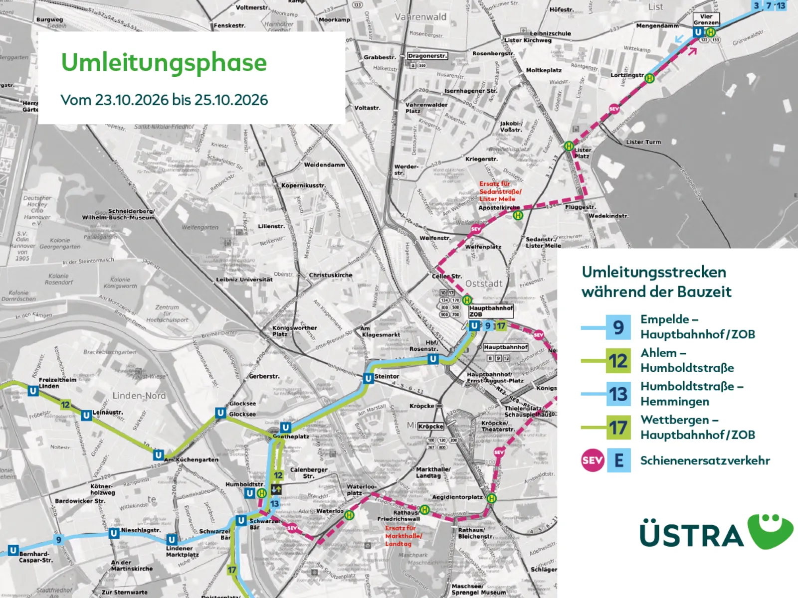 Karte mit Fahrwegen in der Umleitungsphase w&auml;hrend der Tunnelsanierung vom 23. bis 26. Oktober 2026