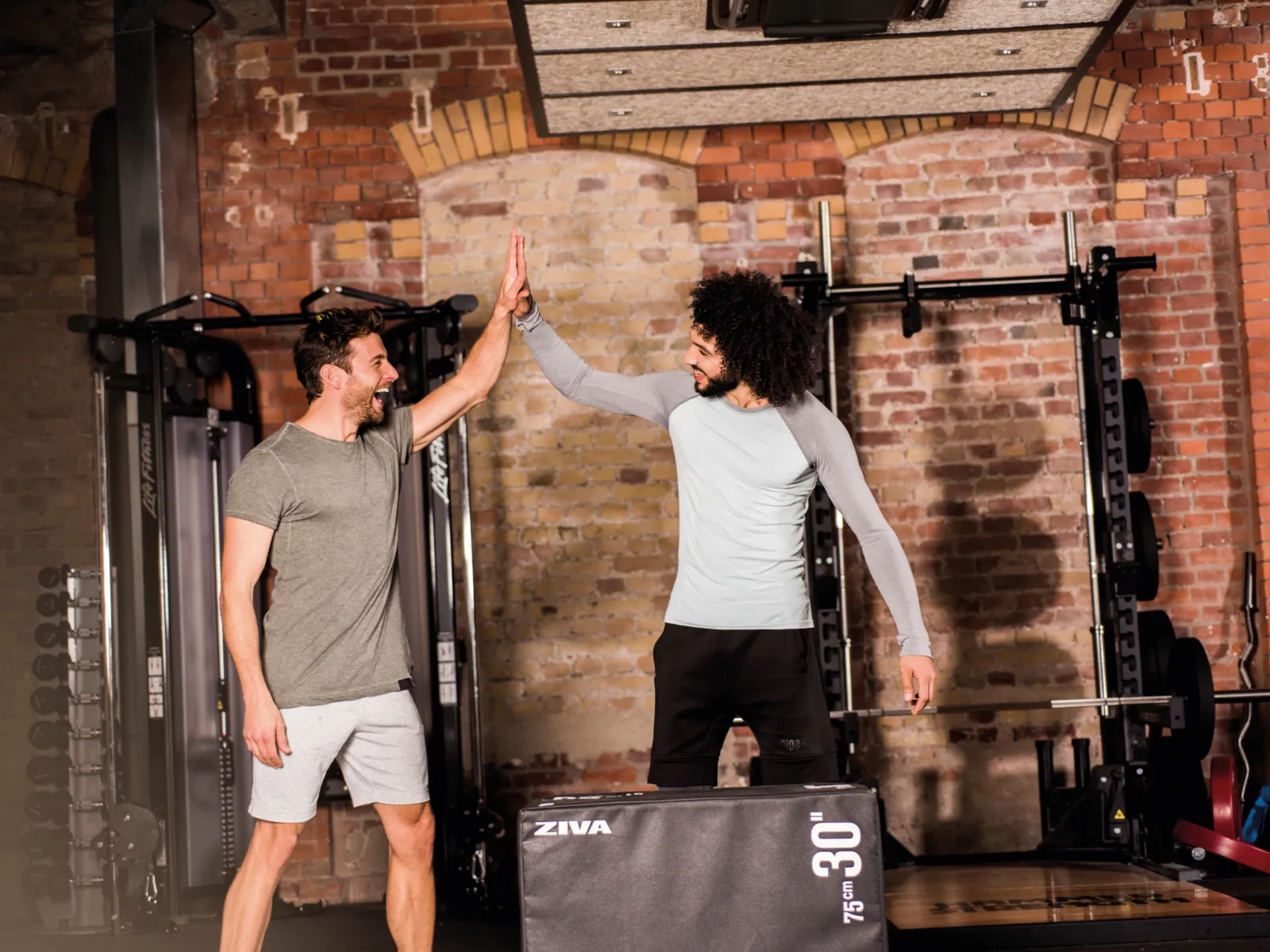 Zwei Männer klatschen sich ab vor Fitnessgeräten