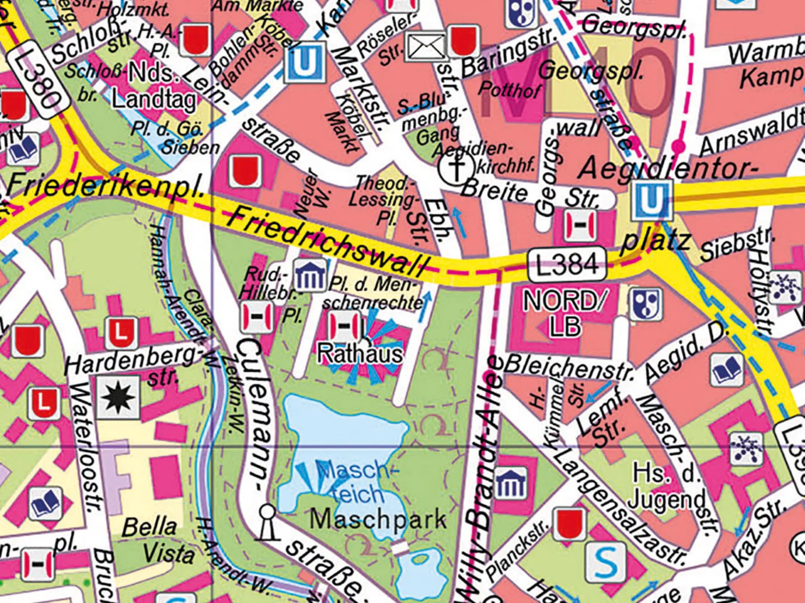 Ausschnitt einer Stadtkarte mit der Straße Friedrichswall, Gebäuden und dem Maschteich