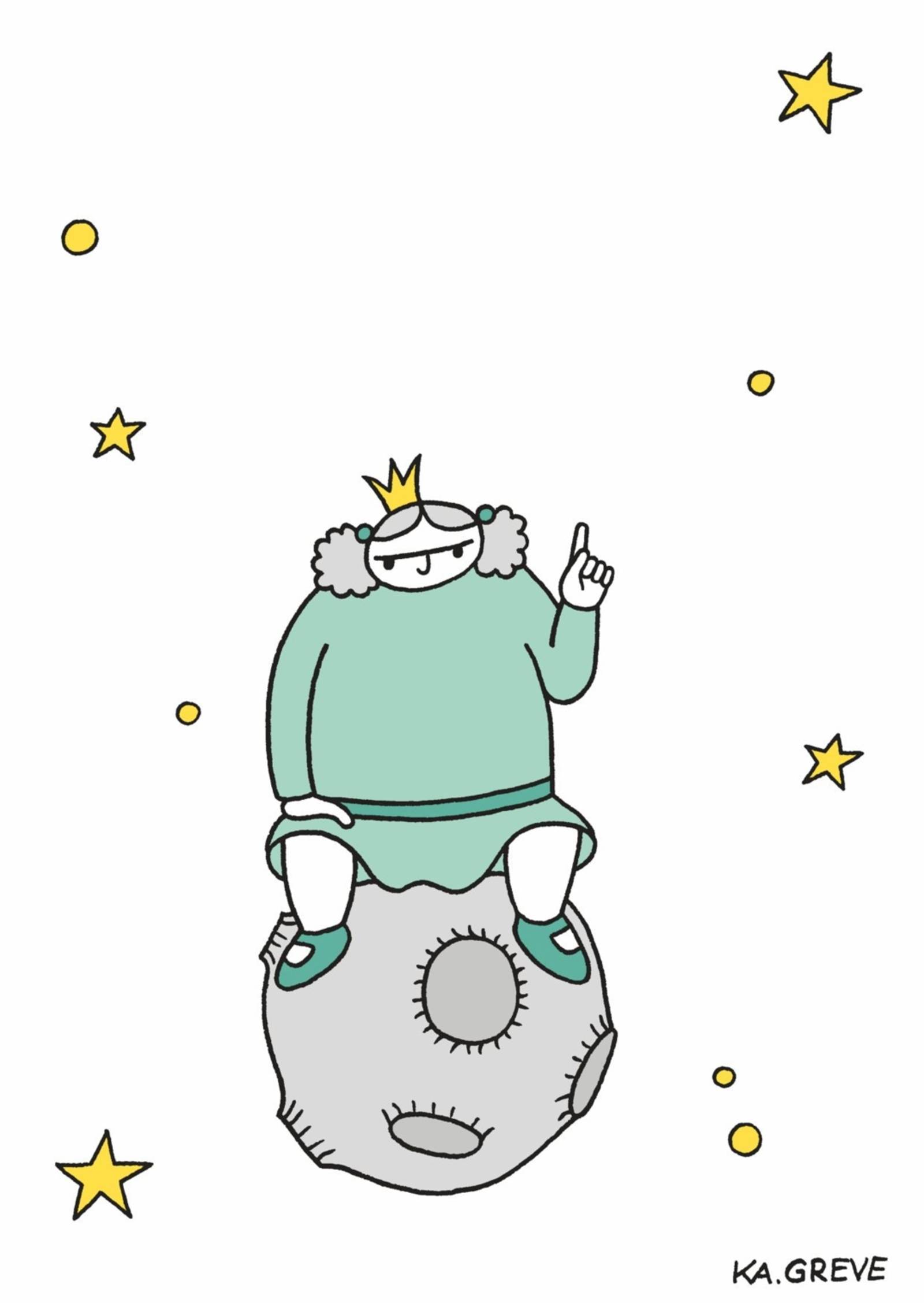 Zu sehen ist eine Zeichnung von Katharina Greve. Eine minimalistische Zeichnung einer Prinzessin, de auf dem Mond sitzt. Der Stil erinnert an den kleinen Prinzen