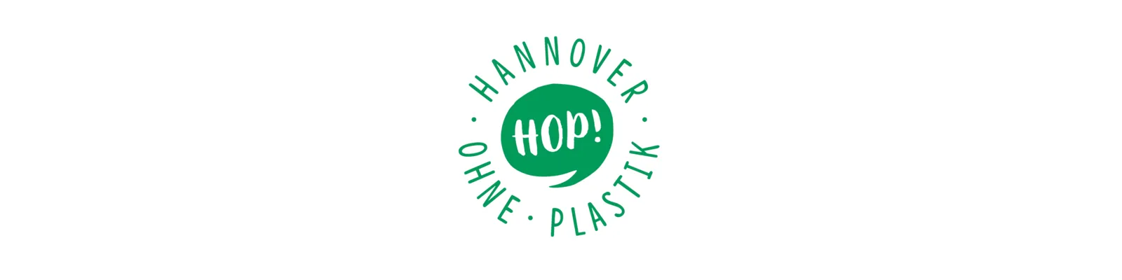 Gr&uuml;nes Logo auf wei&szlig;em Hintergrund. Hannover ohne Plastik steht kreisf&ouml;rmig um eine gr&uuml;ne Sprechblase mit der wei&szlig;en Inschrift HOP!