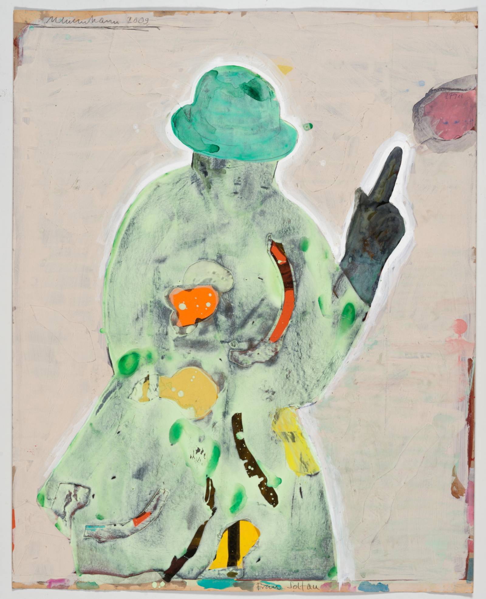 Zu sehen ist eine abstrakte Malerei, die einen Menschen in einem grünen Mantel mit Hut darstrellt.