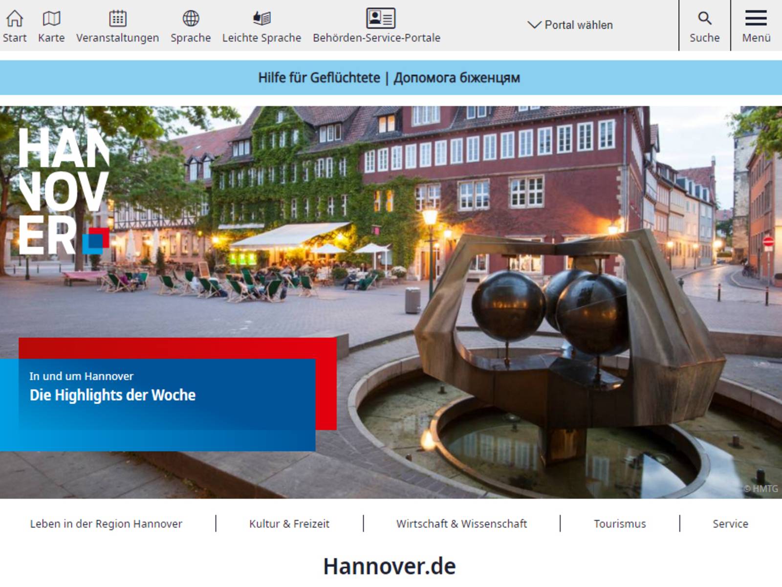 Screenshot der Startseite von Hannover.de.