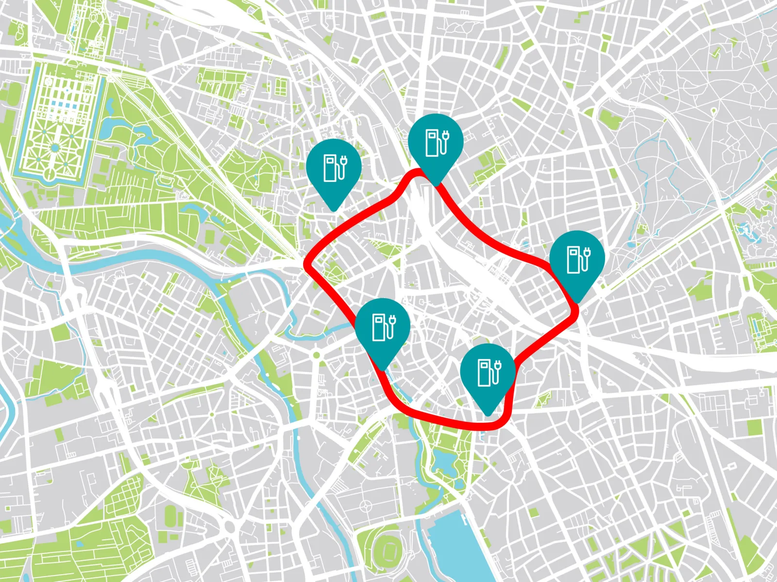 Kartenbild mit rot umrandeten Bereich in der Mitte und Symbole f&uuml;r E-Lades&auml;ulen.