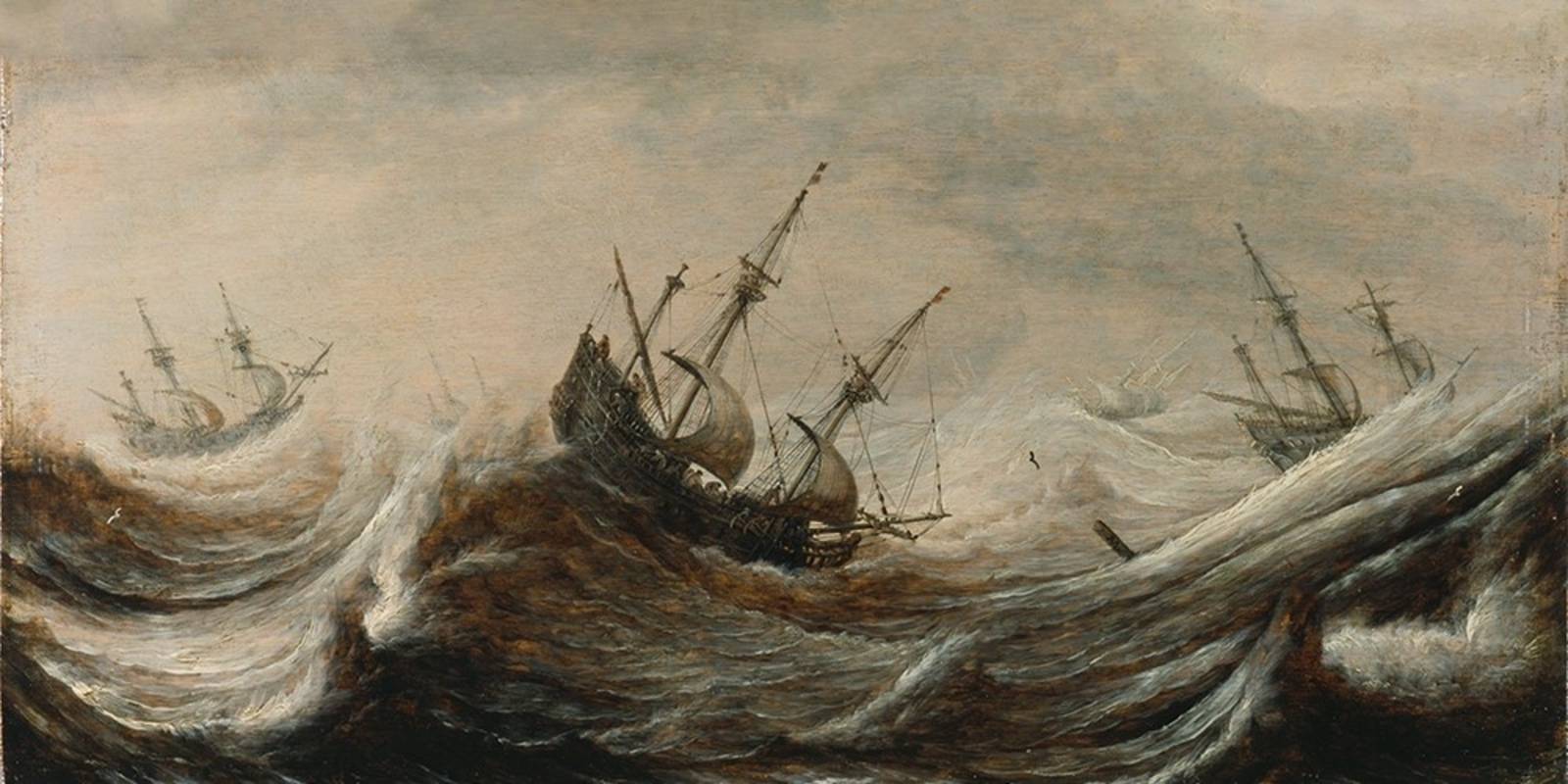 Zu sehen ist eine Seelandschaft eines st&uuml;rmischen Meeres, auf dem zwei Schiffe den Elementen ausgesetzt sind.