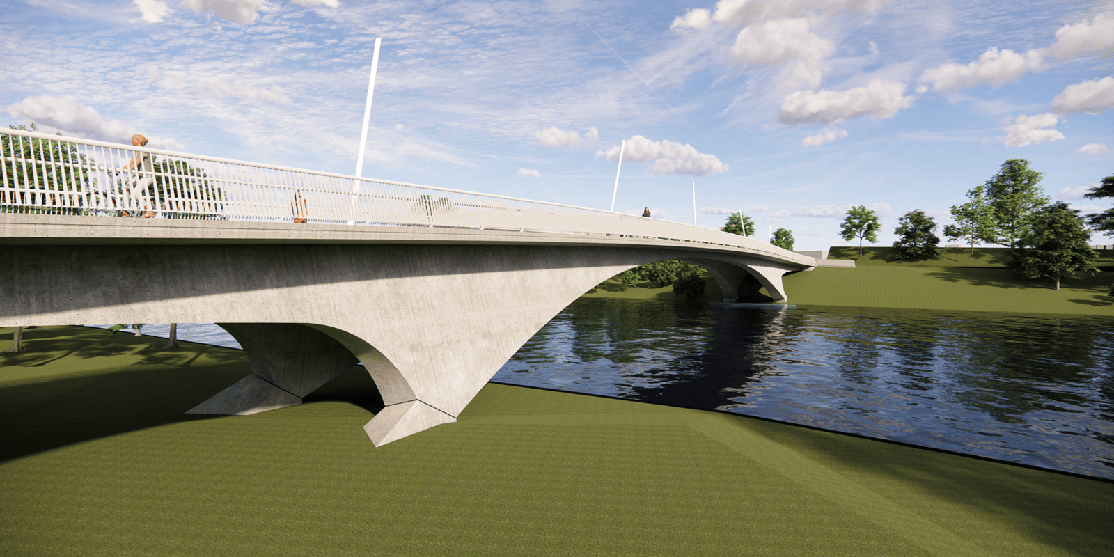 Illustriertes Bild, vorn und hinten eine grafische gr&uuml;ne Fl&auml;che, dazwischen ein Fluss. Den &uuml;berspannt eine Br&uuml;cke in hellem Beton und mit einem wei&szlig;en Gel&auml;nder, darauf eine radfahrende Person.