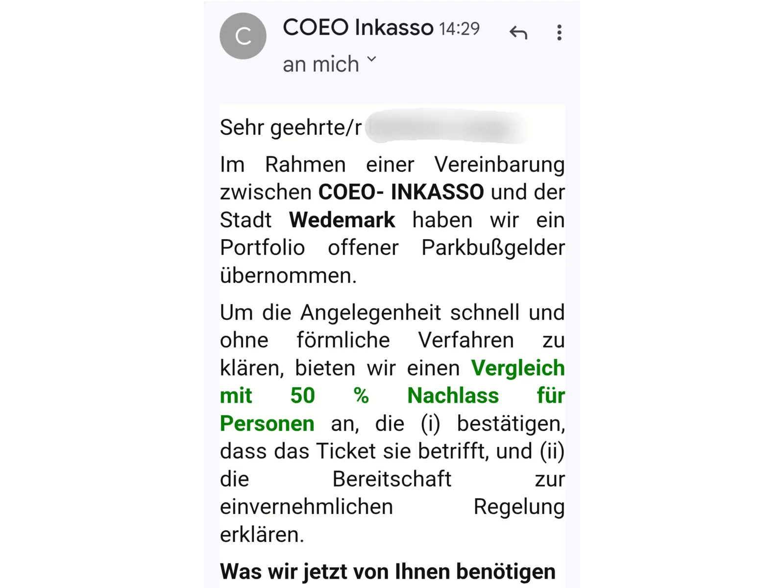 Eine gef&auml;lschte Nachricht eines vermeintlichen Inkasso-B&uuml;ros