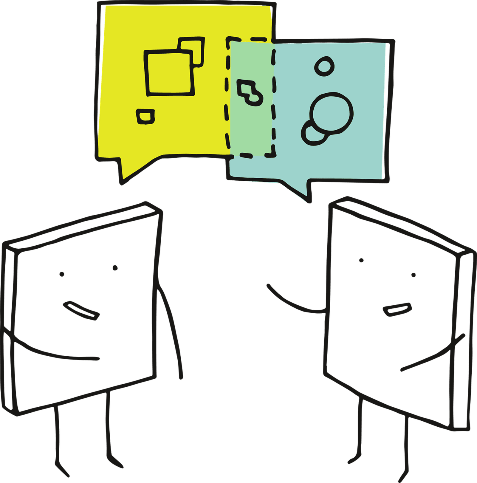 Illustration: zwei Strichmännchen finden im Dialog eine gemeinsame Schnittmenge