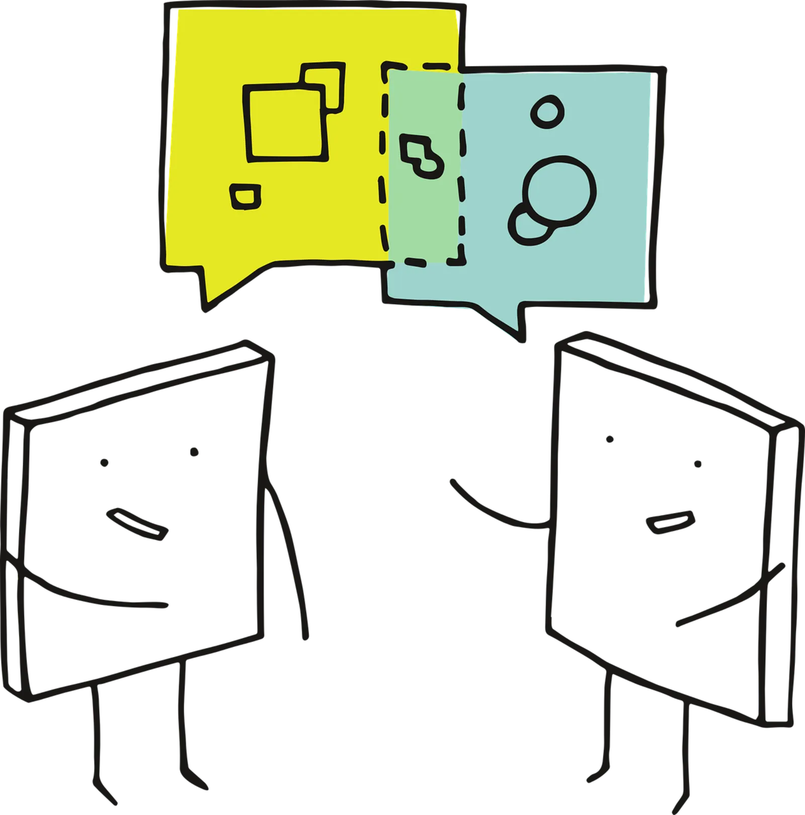 Illustration: zwei Strichmännchen finden im Dialog eine gemeinsame Schnittmenge