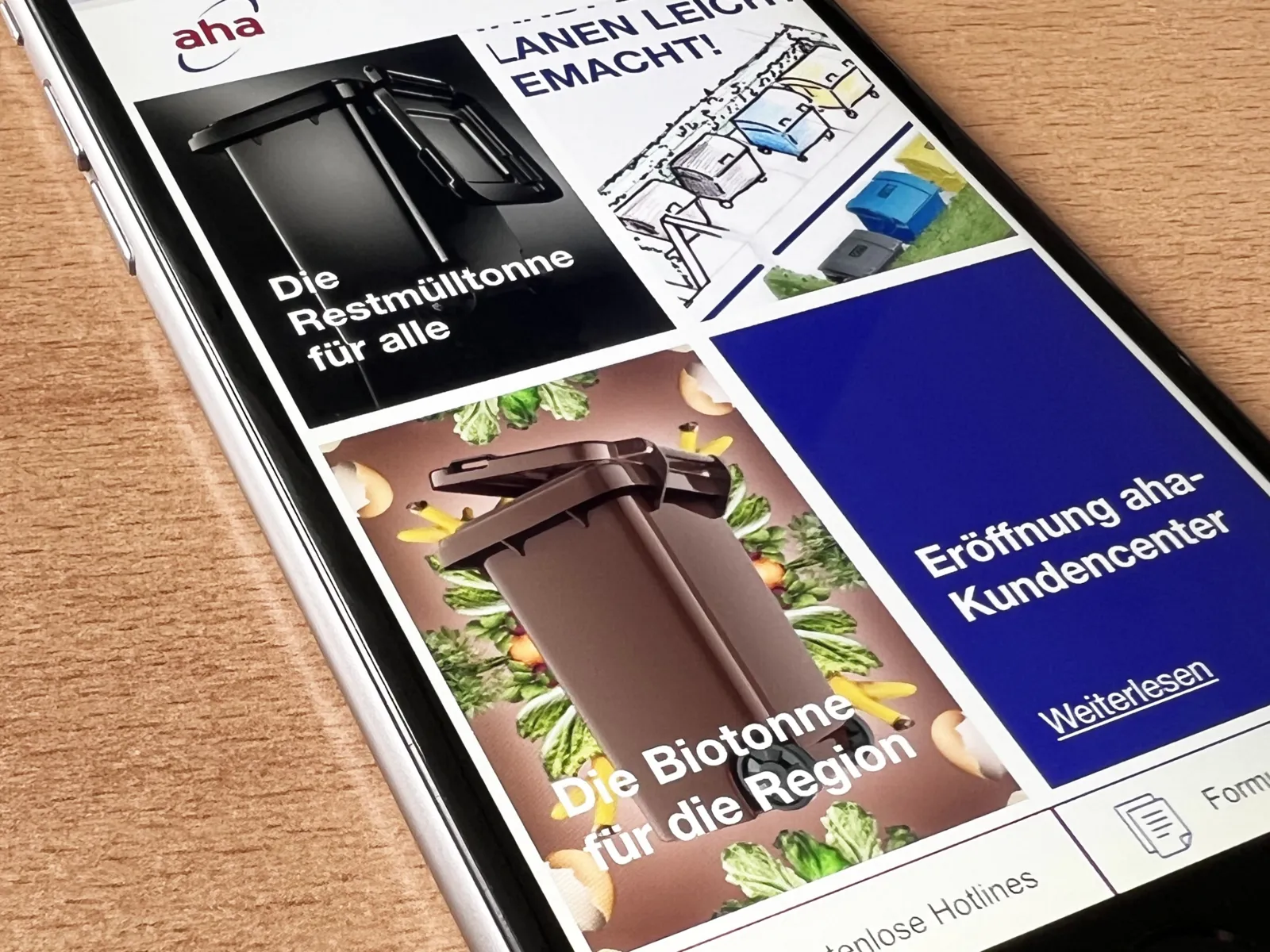 Die Startseite von aha auf einem Smartphone