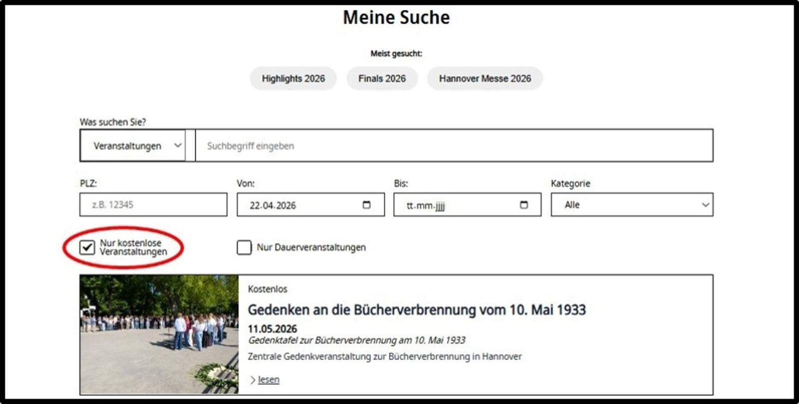 Ein Auswahlfenster einer Computerdarstellung, bei der um das Feld "Nur kostenlose Veranstaltungen" ein roter Ring gelegt ist.