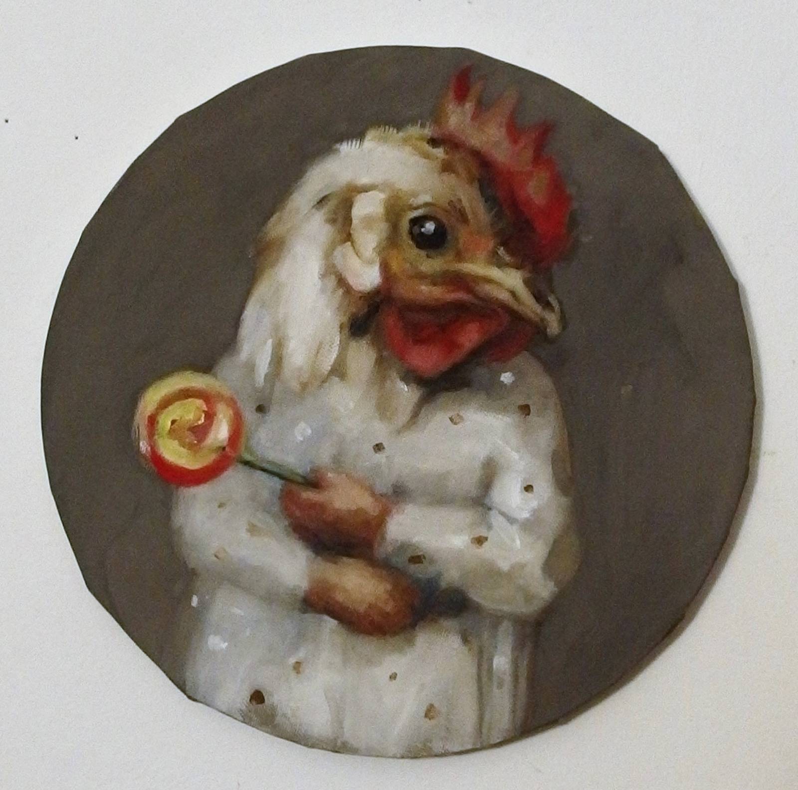 Zu sehen ist eine Malerei eines Menschen mit einem Hahnkopf, der einen Lolli in der Hand hält.